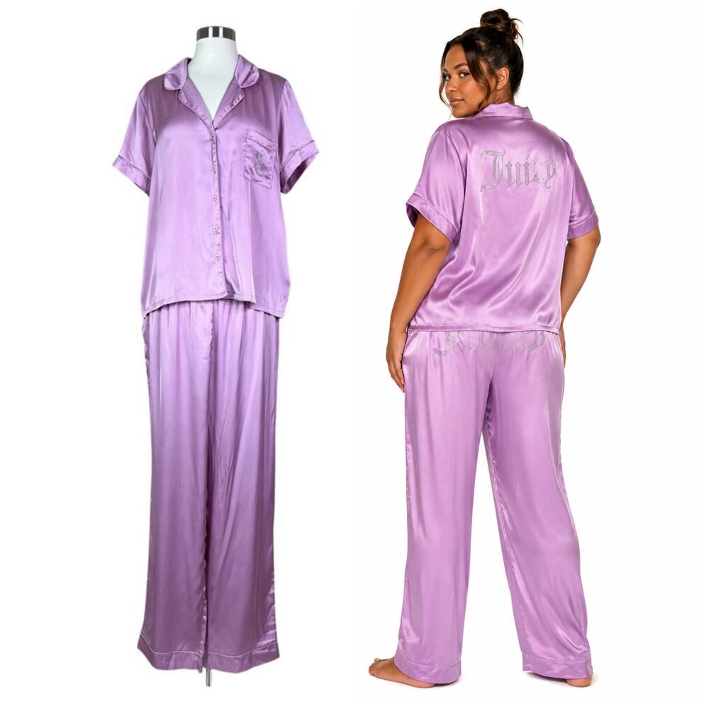 Juicy Couture | Rhinestone Logo Mauve Pink Satin Matching Pajama Set Women’s XL
